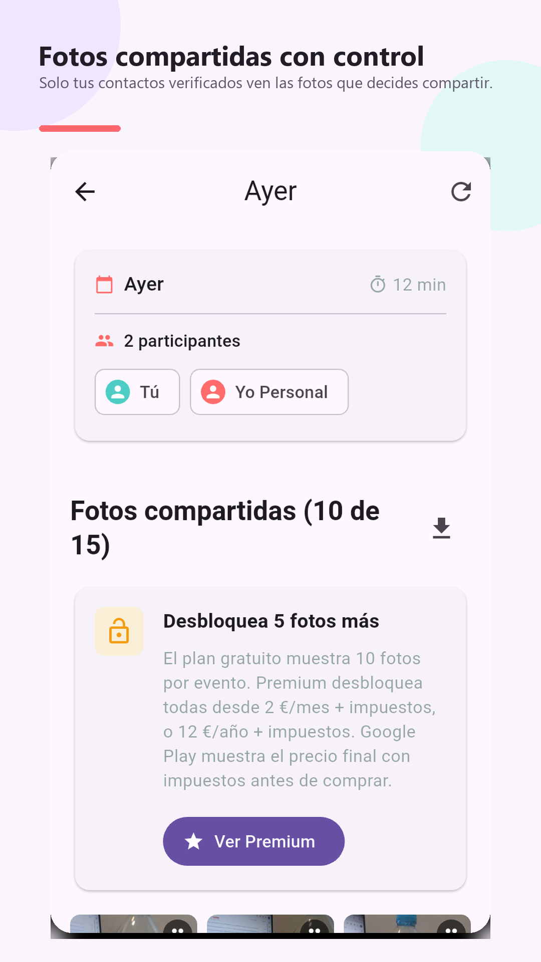Pantalla de IWATH con fotos compartidas y aviso Premium
